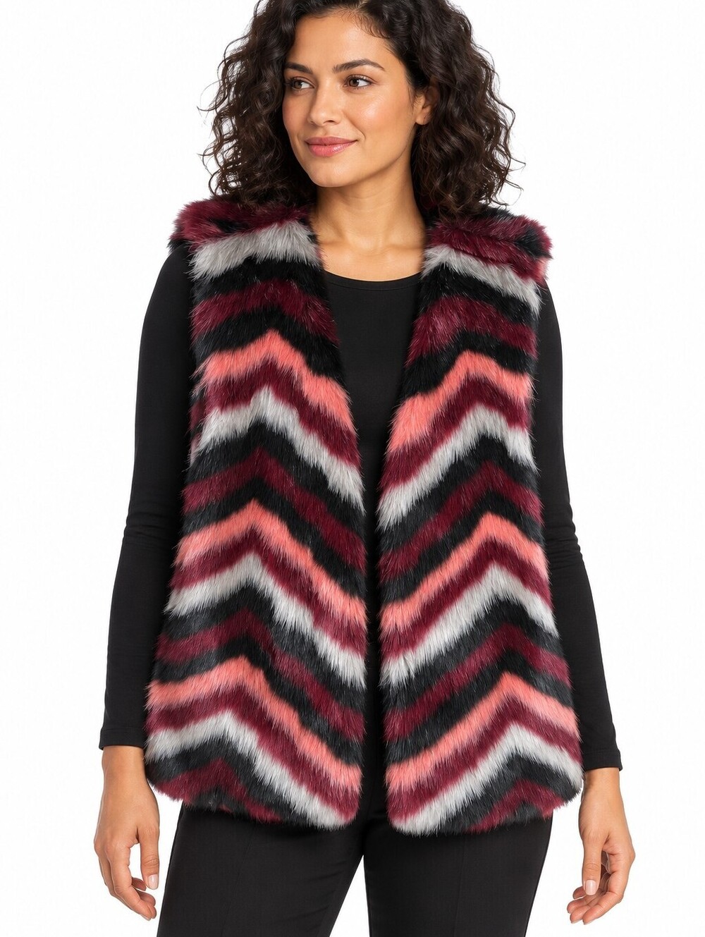 MICHAEL Michael Kors Womens L Faux Fur Chevron Vest Pink Burgundy Black Gray EUC